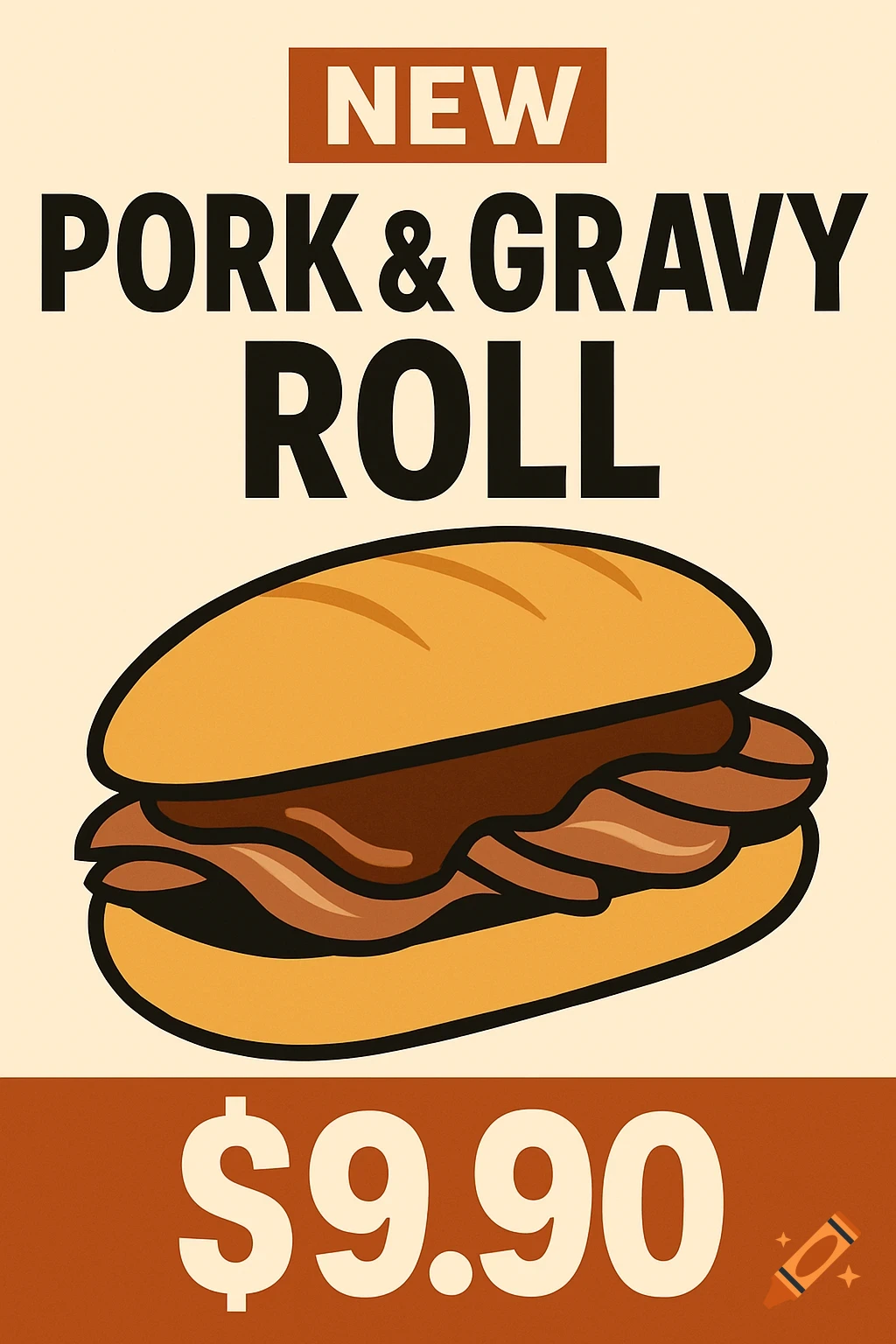 An illustrated advertisement for a new pork and gravy roll priced at $9.90.