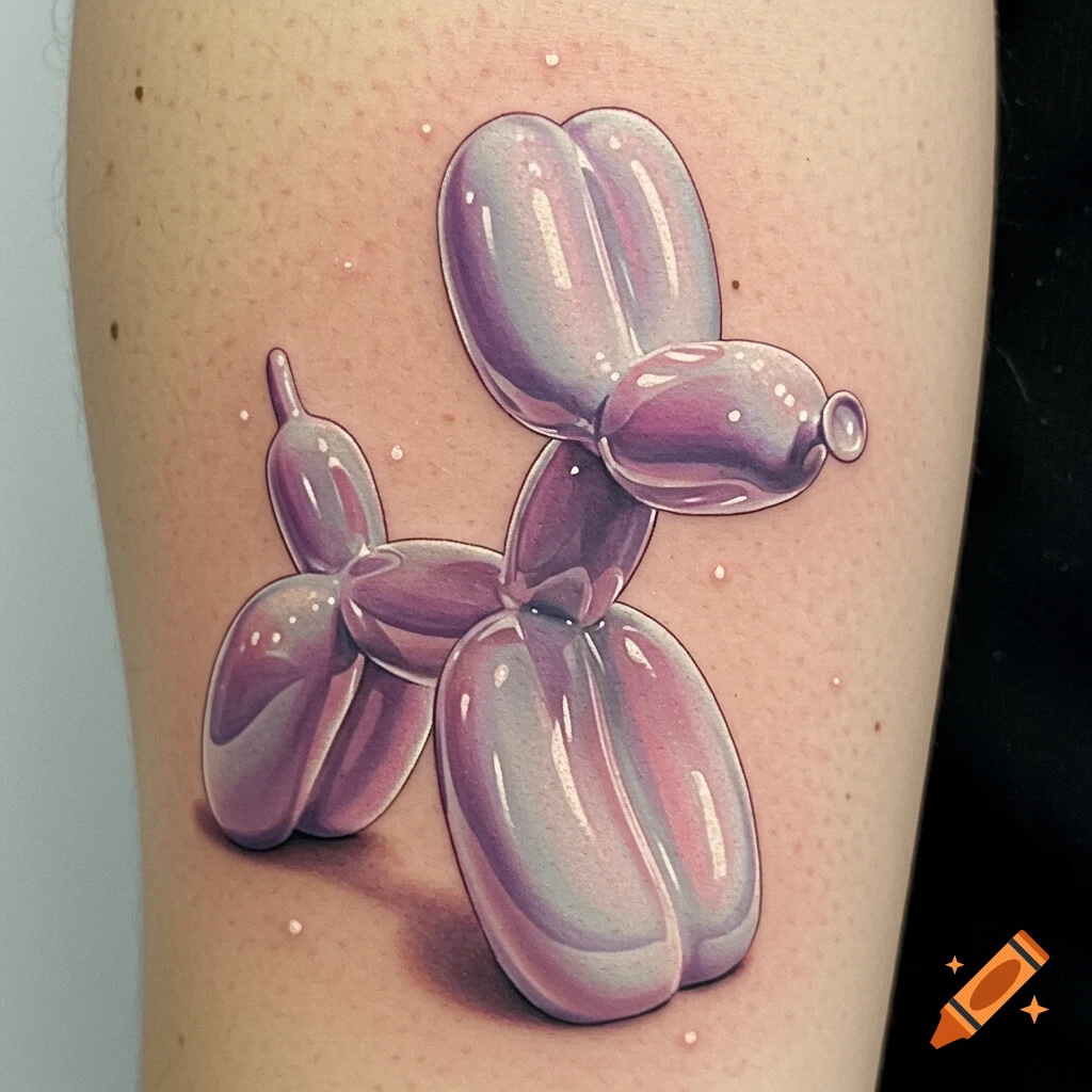 A vibrant purple balloon dog tattoo on a person's arm, rendered with realistic reflections and shadows.