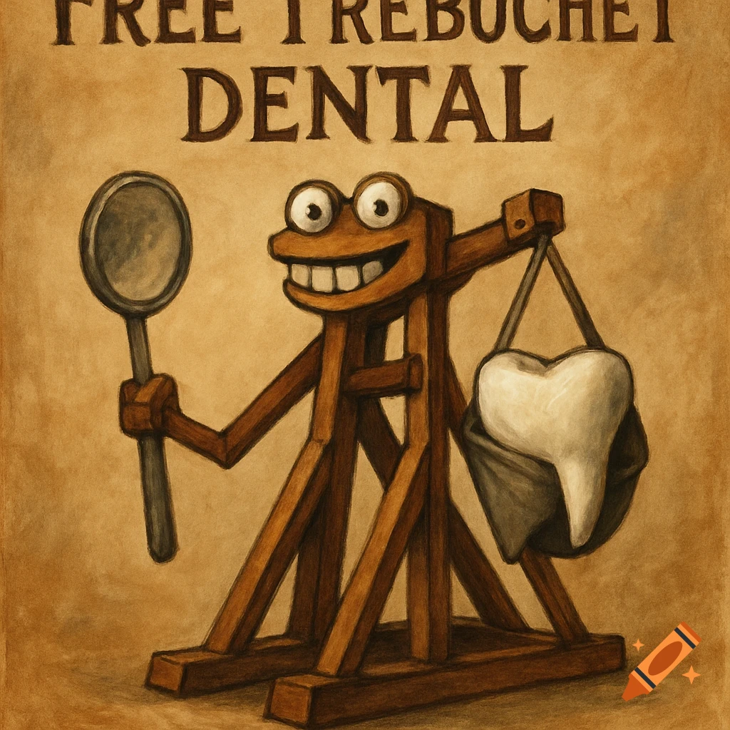A cartoon trebuchet character holds a magnifying glass and a giant tooth with "FREE TREBUCHET DENTAL" text.