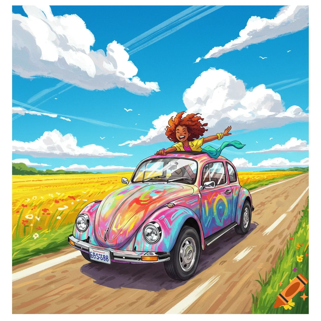 A joyful woman with red curly hair stands through the sunroof of a colorful, psychedelic Volkswagen Beetle, driving on a sunny road through a field.
