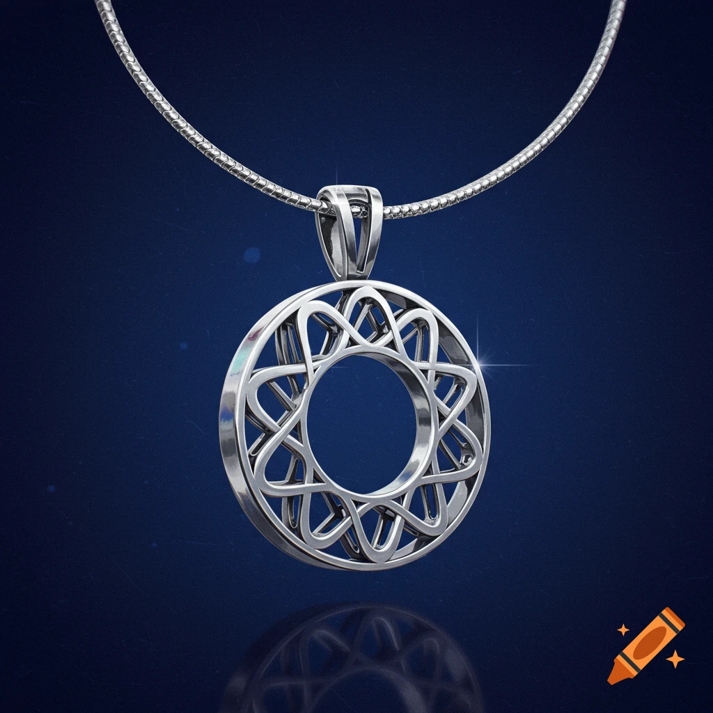 A photorealistic silver circular pendant with an intricate design hangs from a snake chain against a dark blue background.
