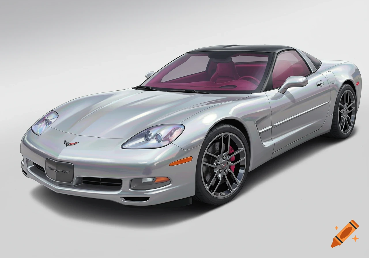 A silver 2004 Chevrolet Corvette with a deep pink interior, depicted against a plain white background.