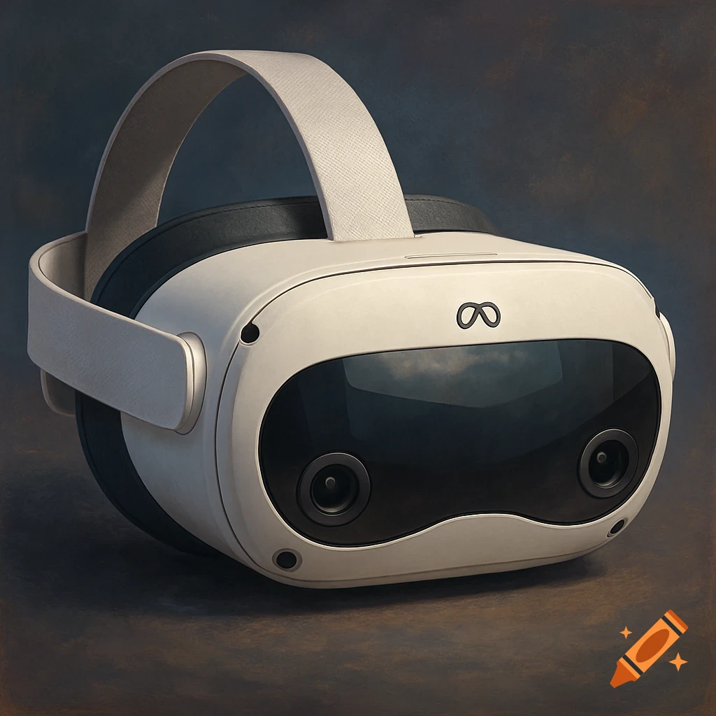 A white virtual reality headset with a black faceplate and white strap rests on a dark surface in a photorealistic product shot.