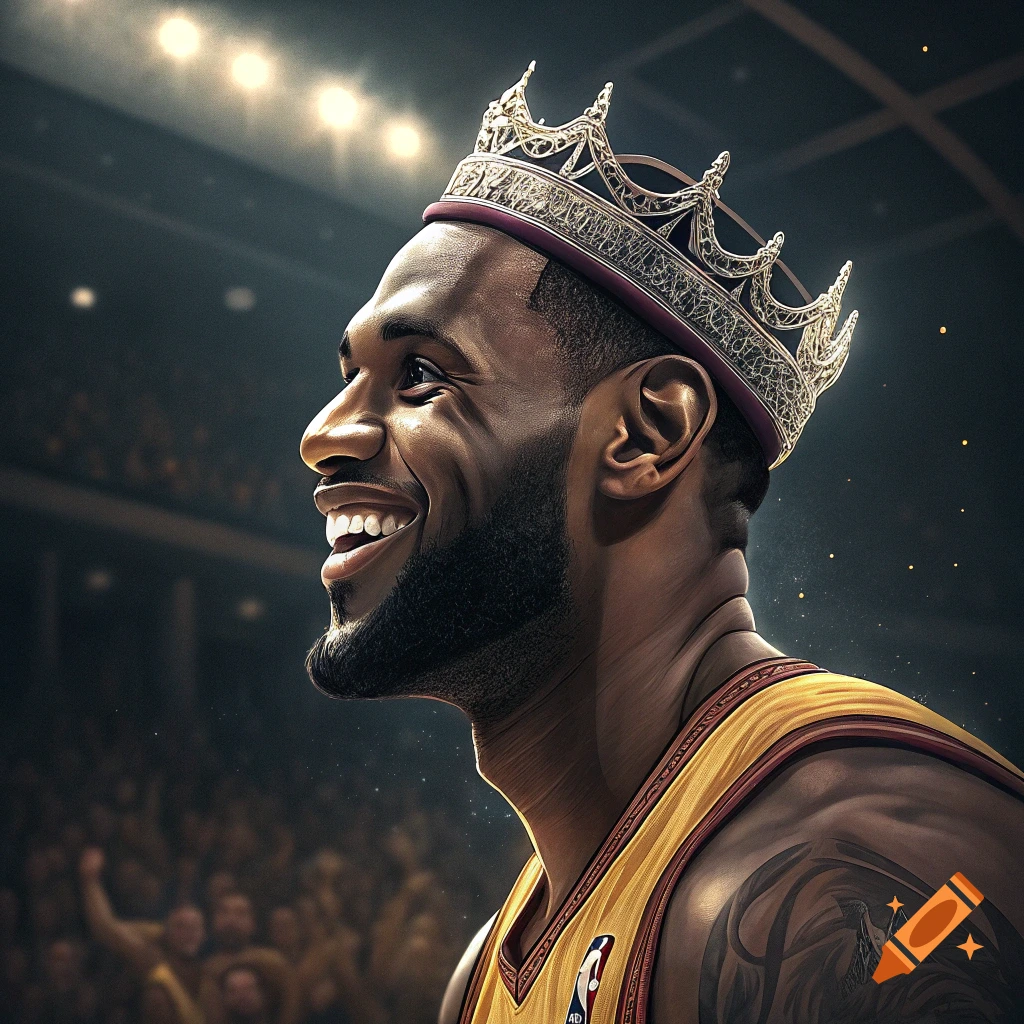 LeBron James wearing a crown and a basketball jersey in a stadium, smiling.