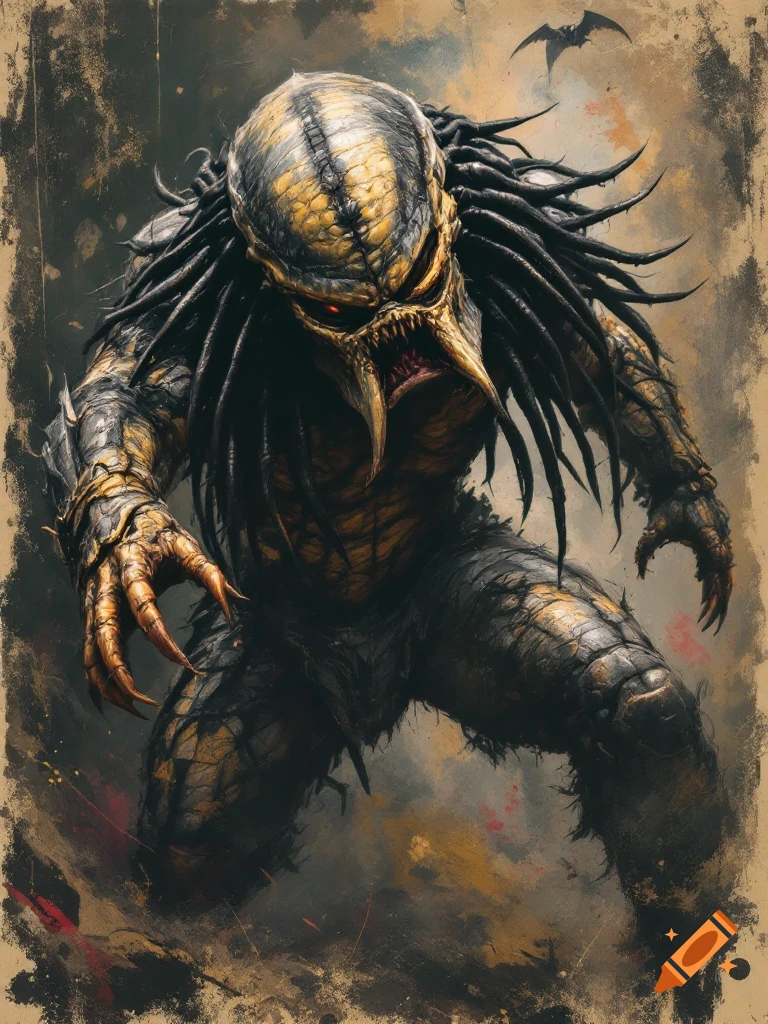 A menacing Predator creature with glowing red eyes and sharp claws in a vintage movie poster art style, on a distressed background.