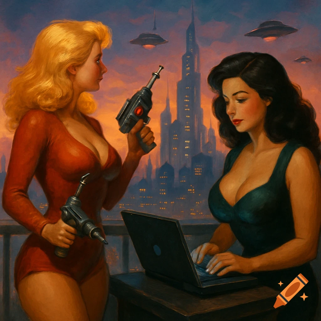 Two women in a futuristic city: one blonde in red holding laser pistols, and a brunette in green using a laptop, with flying saucers overhead.