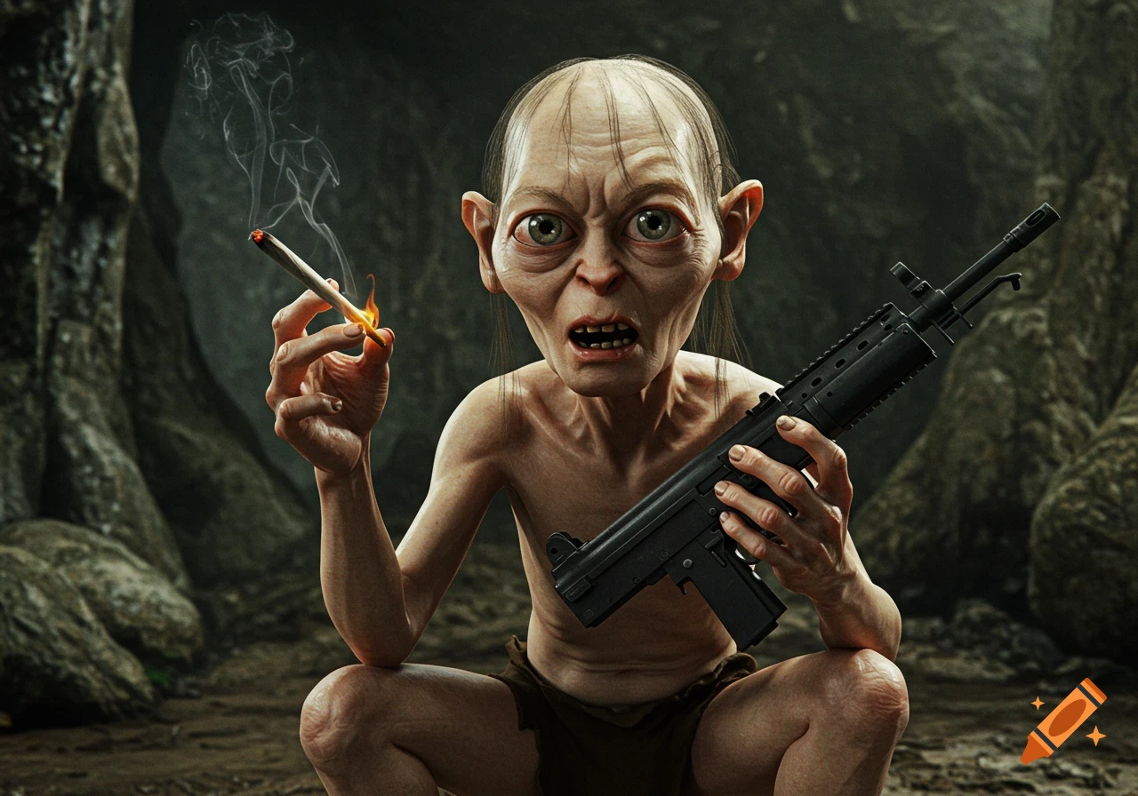 Gollum from Lord of the Rings smoking a joint and holding an Uzi rifle in a dark cave.