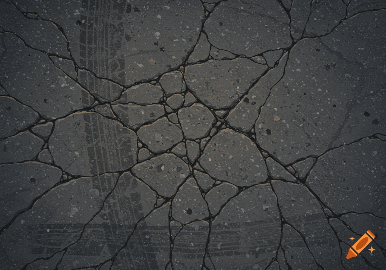 Cracked dark gray asphalt with tire marks viewed from above.