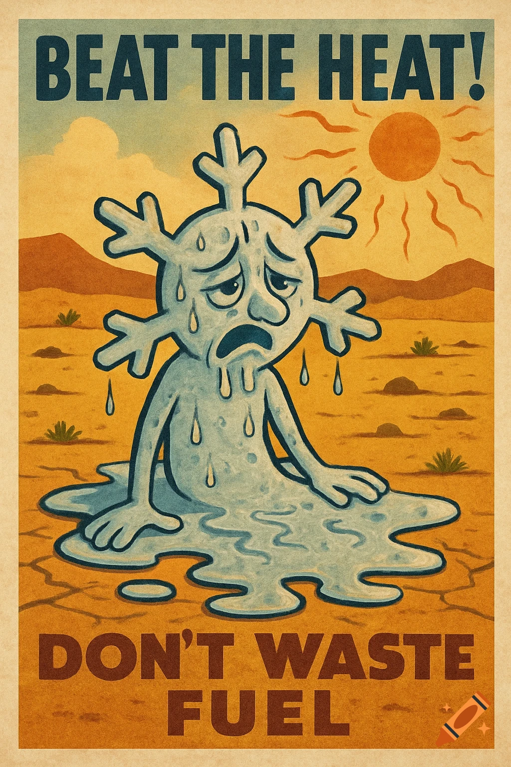 Vintage propaganda poster of a melting snowflake-like creature in a hot desert under the sun, with text 'BEAT THE HEAT!' and 'DON'T WASTE FUEL'.