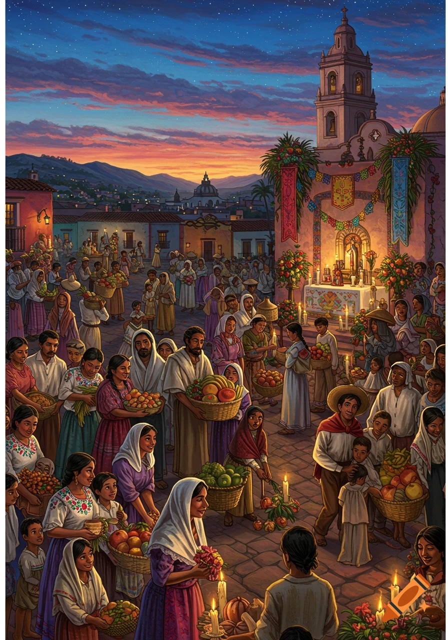 Vibrant painting of a large crowd gathered in a town square at dusk, carrying fruit offerings to a decorated church with a tall bell tower.