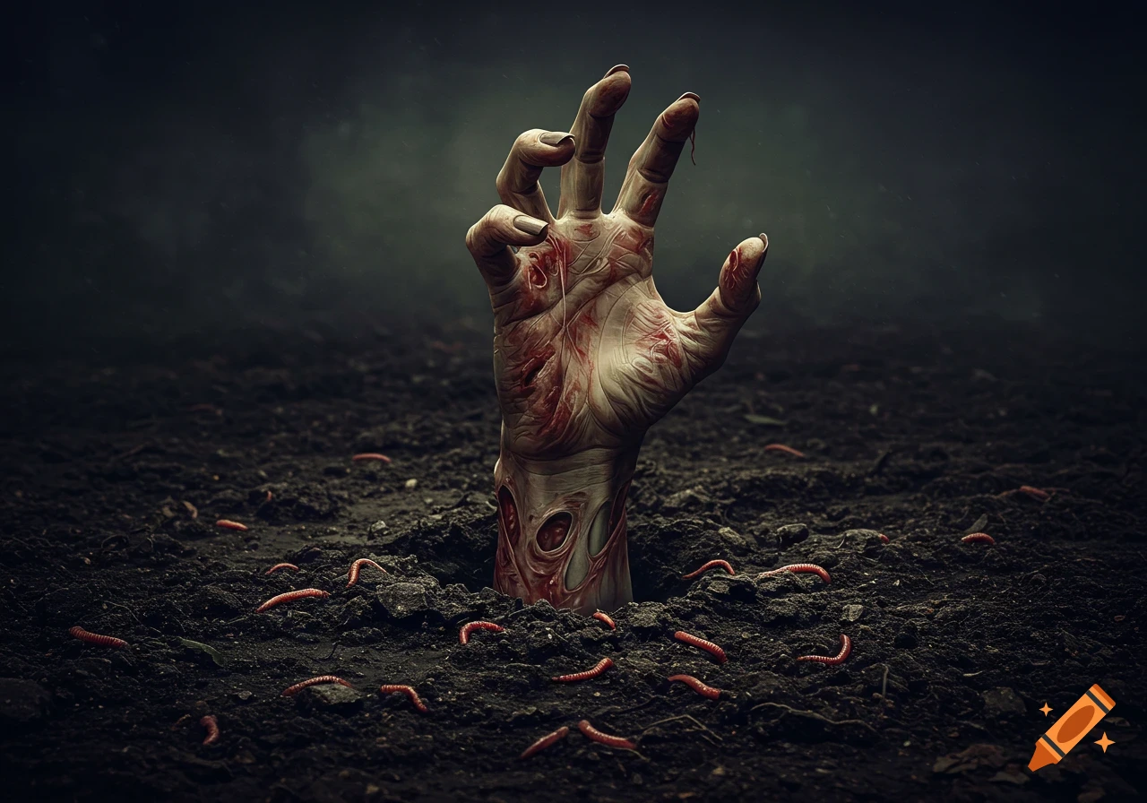 A decayed zombie hand emerges from dark soil, surrounded by red worms under a shadowy sky.