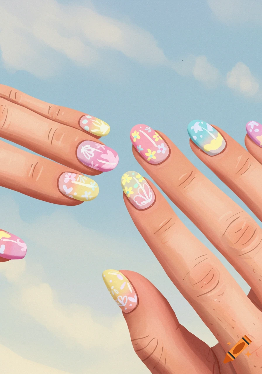 Close-up of hands with brightly colored nails featuring floral and pastel designs against a cloudy blue sky in an illustrative style.