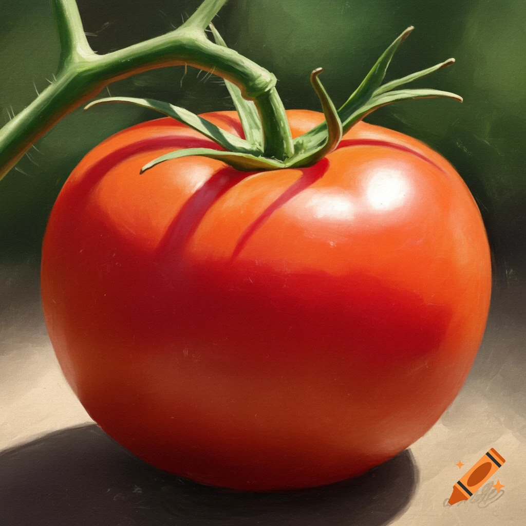 Close-up, photorealistic painting of a plump, ripe red tomato on the vine with green stem and leaves.