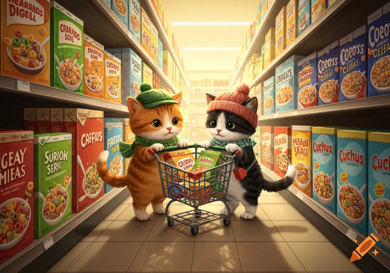 Two cute cartoon cats in winter hats and scarves push a small shopping cart down a grocery store aisle filled with cereal boxes.