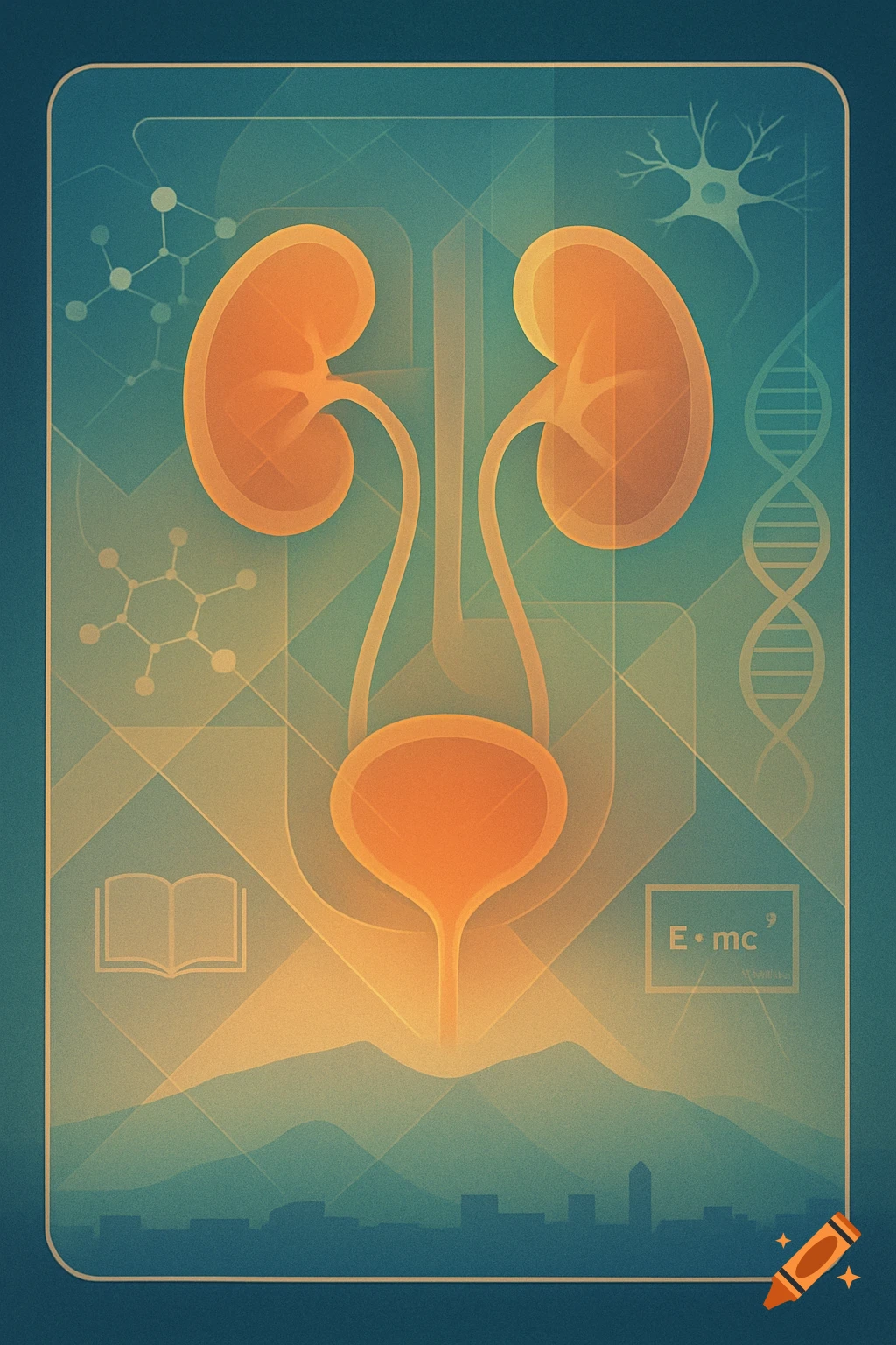 Stylized medical illustration of kidneys and bladder, with molecular structures, DNA, a neuron, and an open book symbol in an abstract geometric background.