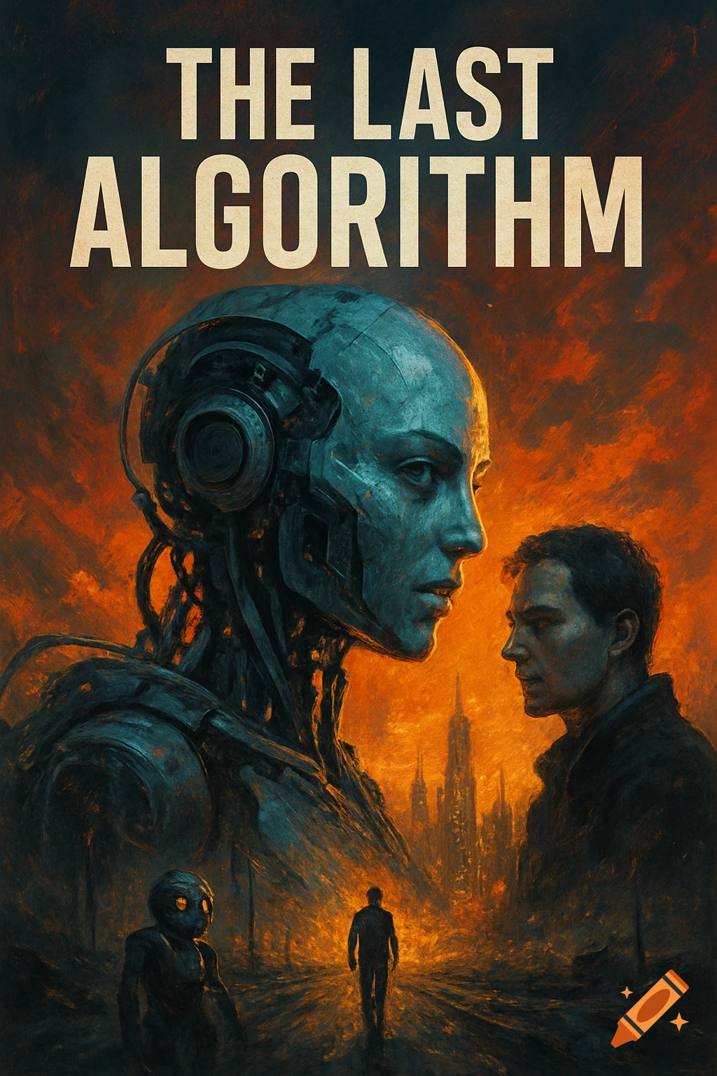 Movie poster for 'THE LAST ALGORITHM' with a robotic head, a man's face, and a dystopian cityscape in orange hues.