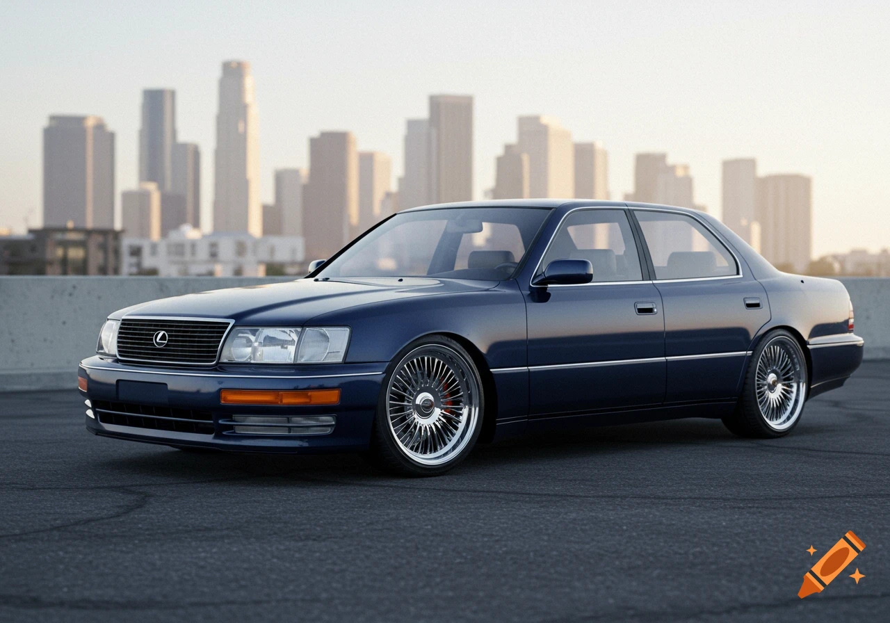 A dark blue Lexus LS400 with wire wheels parked on an asphalt surface, with a blurred city skyline in the background.
