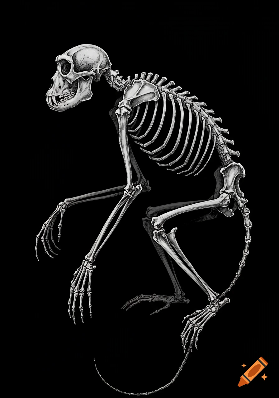 A detailed illustration of a monkey skeleton against a black background.