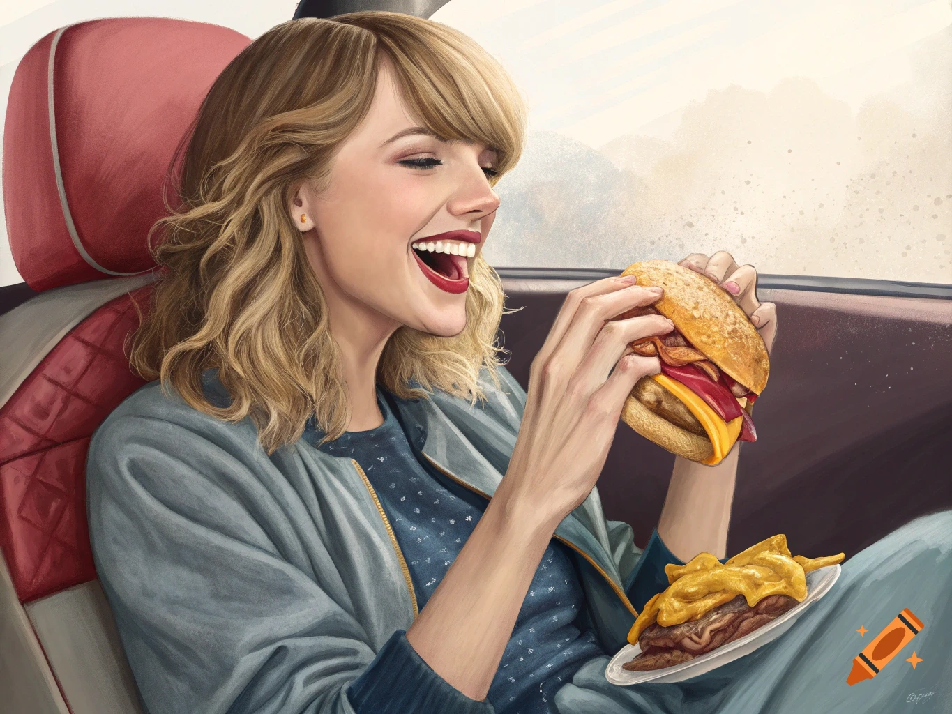 Illustration of Taylor Swift laughing and eating a sandwich and cheesy fries in a vehicle.