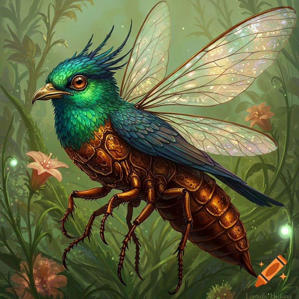 A vibrant, detailed fantasy creature with a green and blue feathered bird head and chest, and a brown armored insect body with six legs and translucent wings, in a lush green forest.
