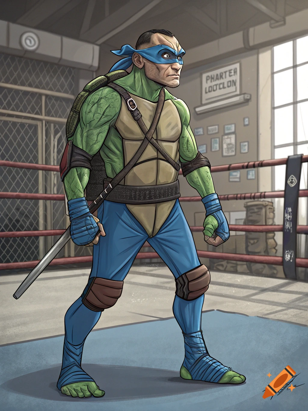 A human-like mutant turtle in a blue Ninja Turtle costume stands in a boxing ring, holding a sword.