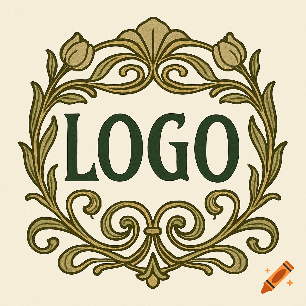 An Art Nouveau style logo featuring the word 'LOGO' within an ornate, decorative frame with leaves and tulip flowers.