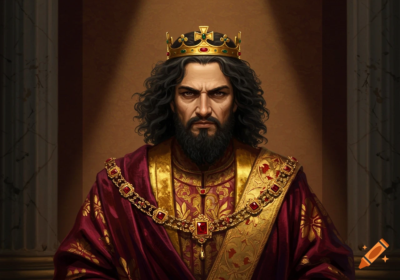 A regal portrait of a stern bearded king with long dark hair, wearing a golden crown and ornate red and gold robes.
