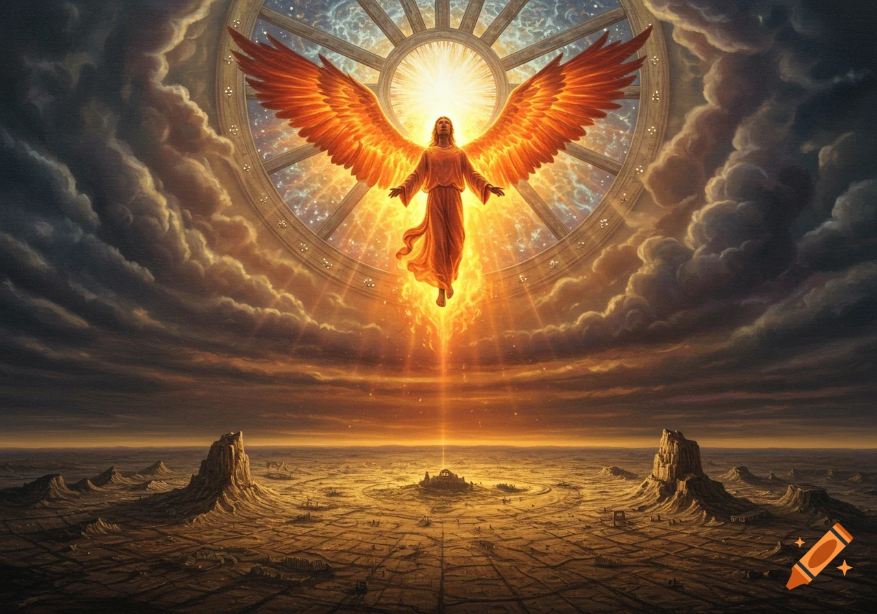 A glowing angelic figure with fiery wings descends from a bright wheel in a cloudy sky over a barren landscape. Realistic painting style.