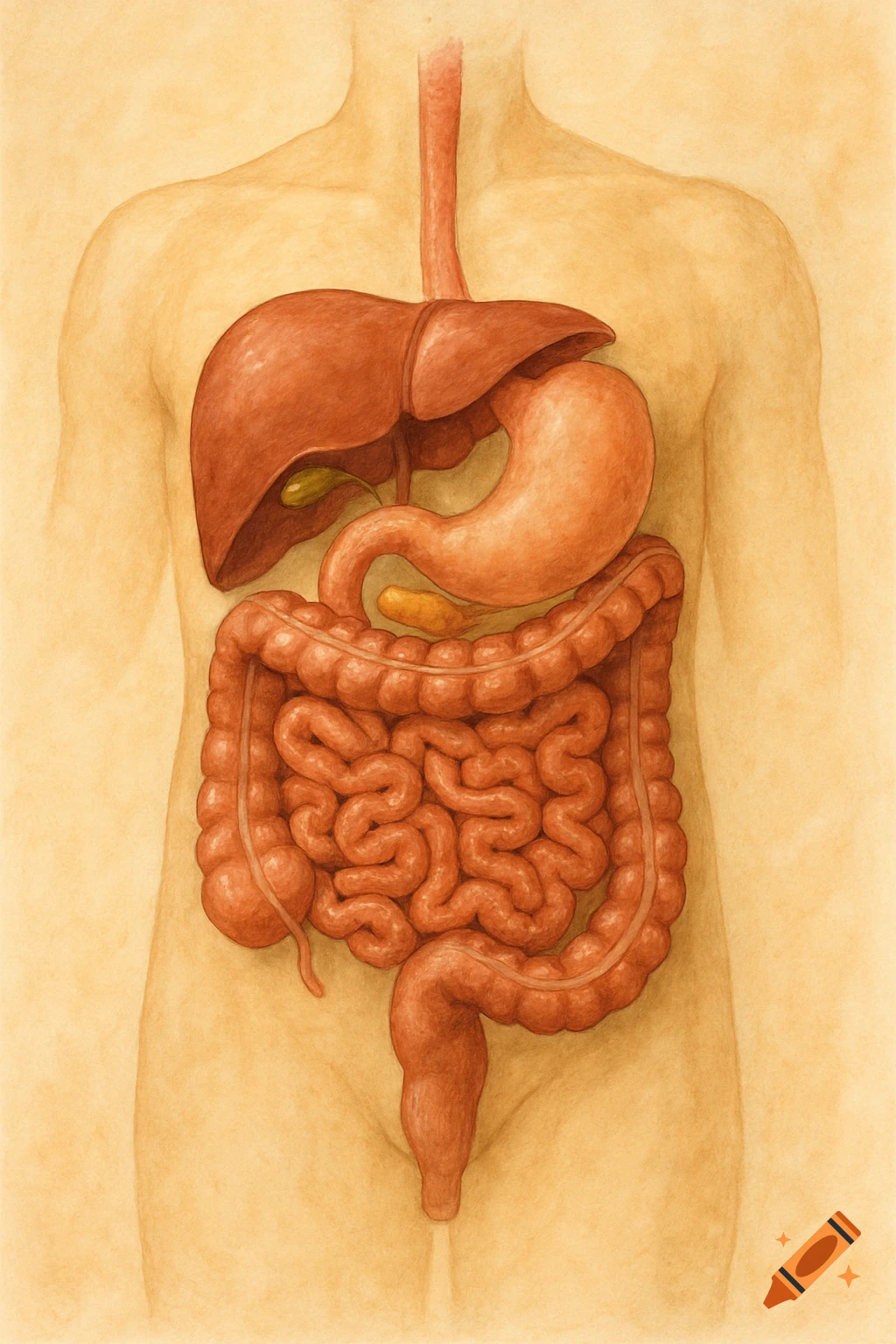 An anatomical illustration of the human digestive system, showing the esophagus, liver, stomach, small intestine, and large intestine within a stylized torso outline.