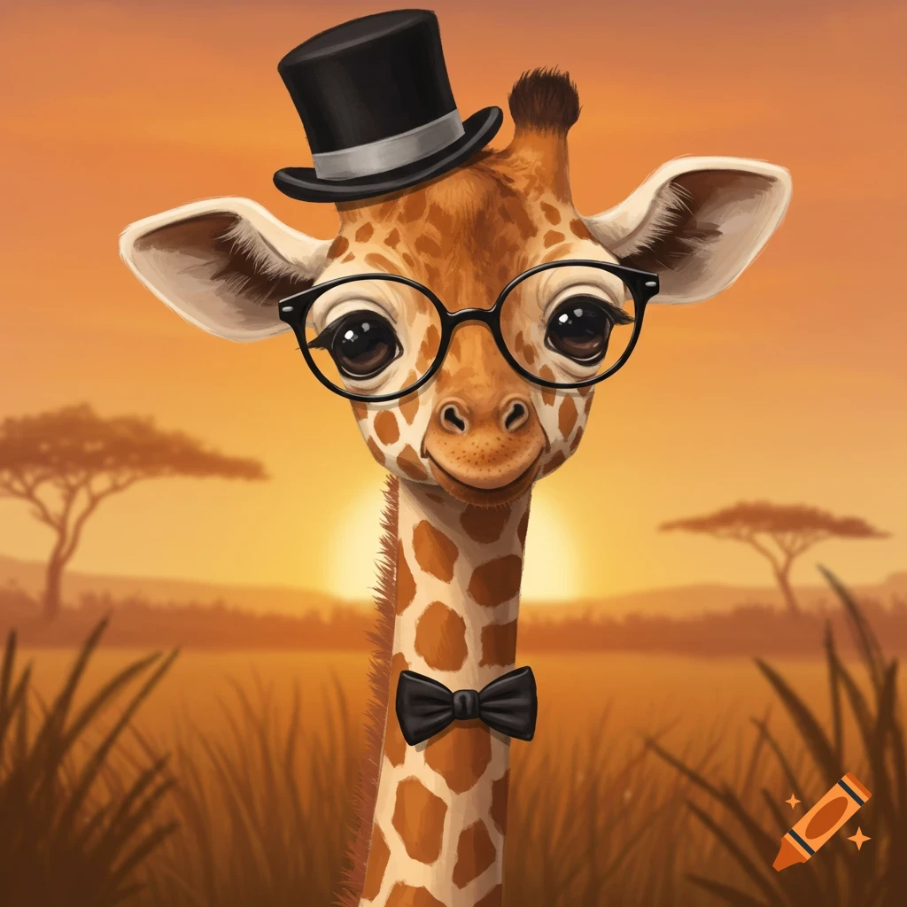 A cute cartoon giraffe wearing a black top hat and a black bow tie, smiling in a savanna at sunset.
