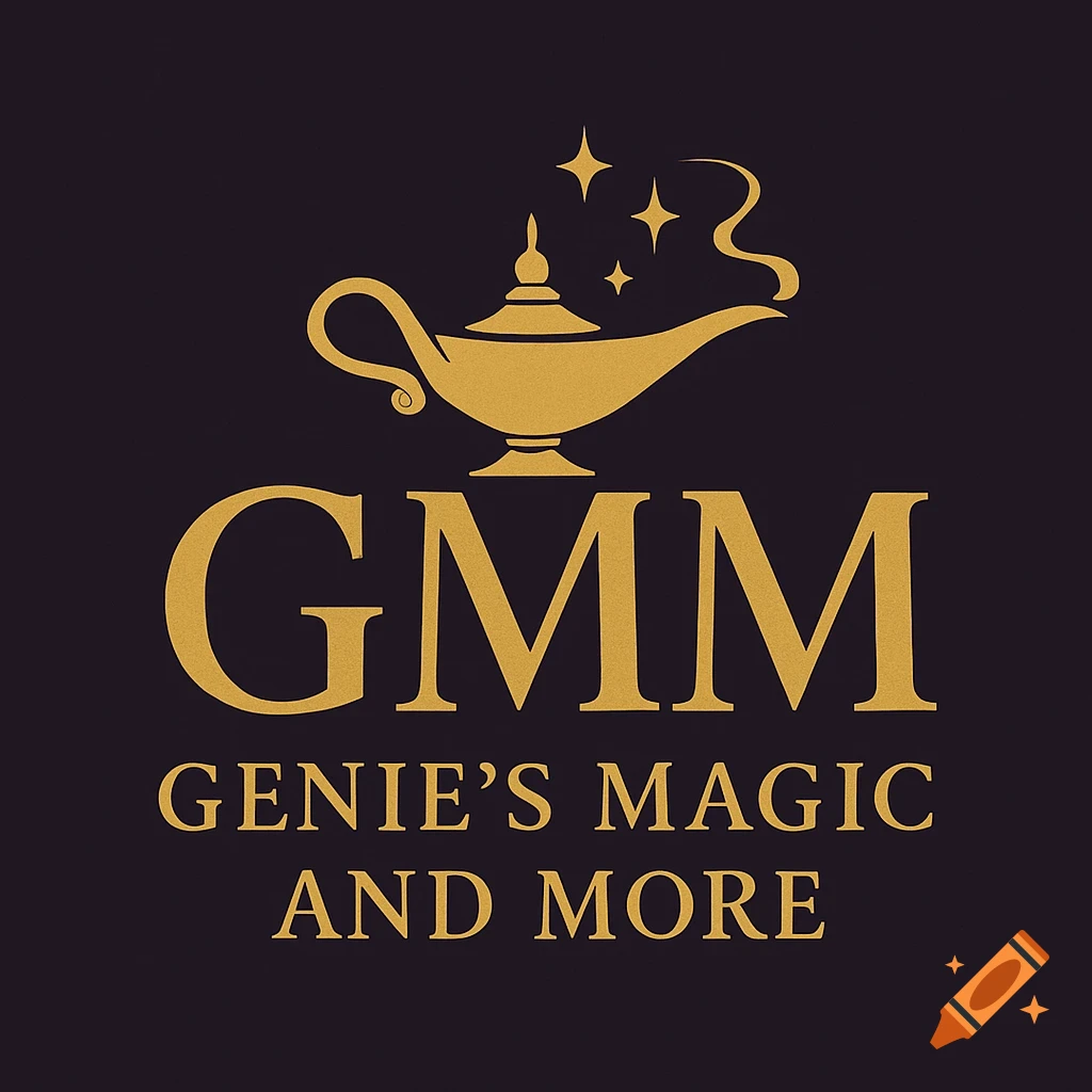A gold logo featuring a genie lamp and three stars above it on a dark purple background. Below the lamp, the large gold text reads "GMM", and beneath that, "GENIE'S MAGIC AND MORE" is written in smaller gold letters.