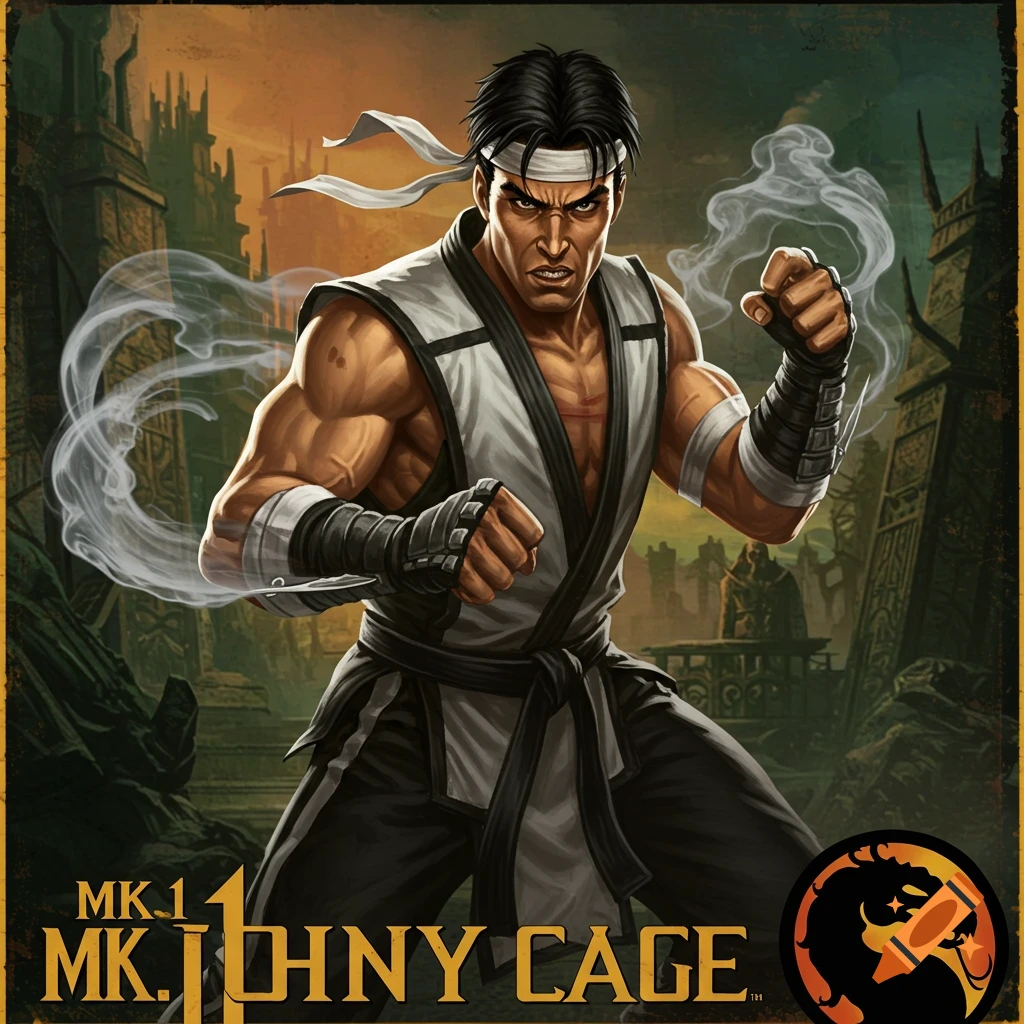 Illustration of Johnny Cage from Mortal Kombat 1, a male character in a white gi with black belt and headband, in a fighting pose against a dark, ruined city background.