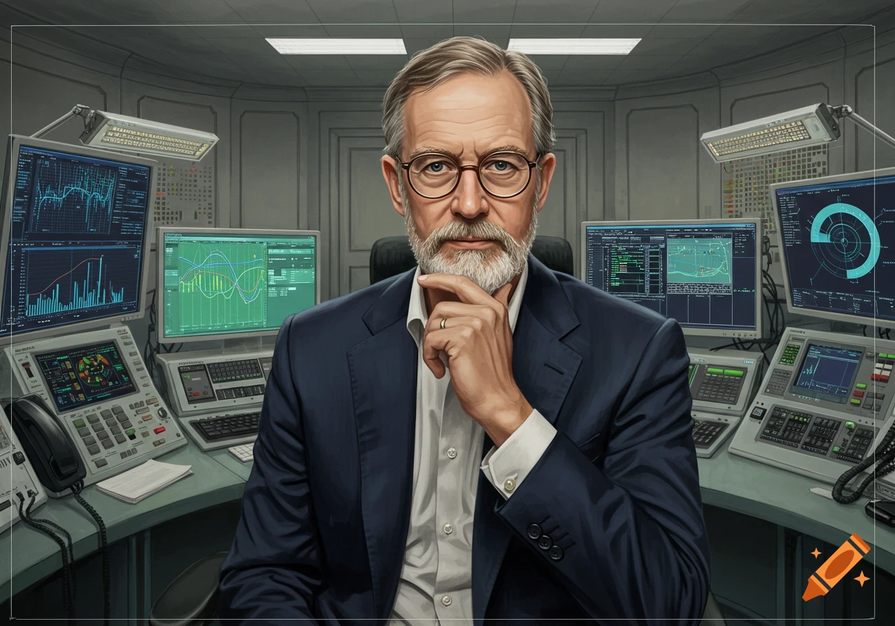 Photorealistic portrait of an older man with beard and glasses in a high-tech control room with multiple monitors displaying data.