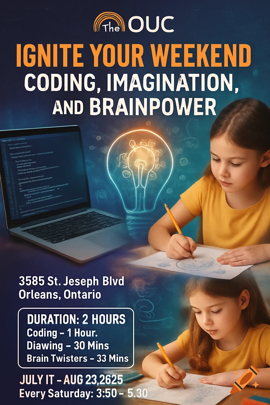 A dark blue poster promoting a "Coding, Imagination, and Brainpower" weekend program. It features an illustration of a glowing lightbulb, a laptop showing code, and two images of a young girl drawing.