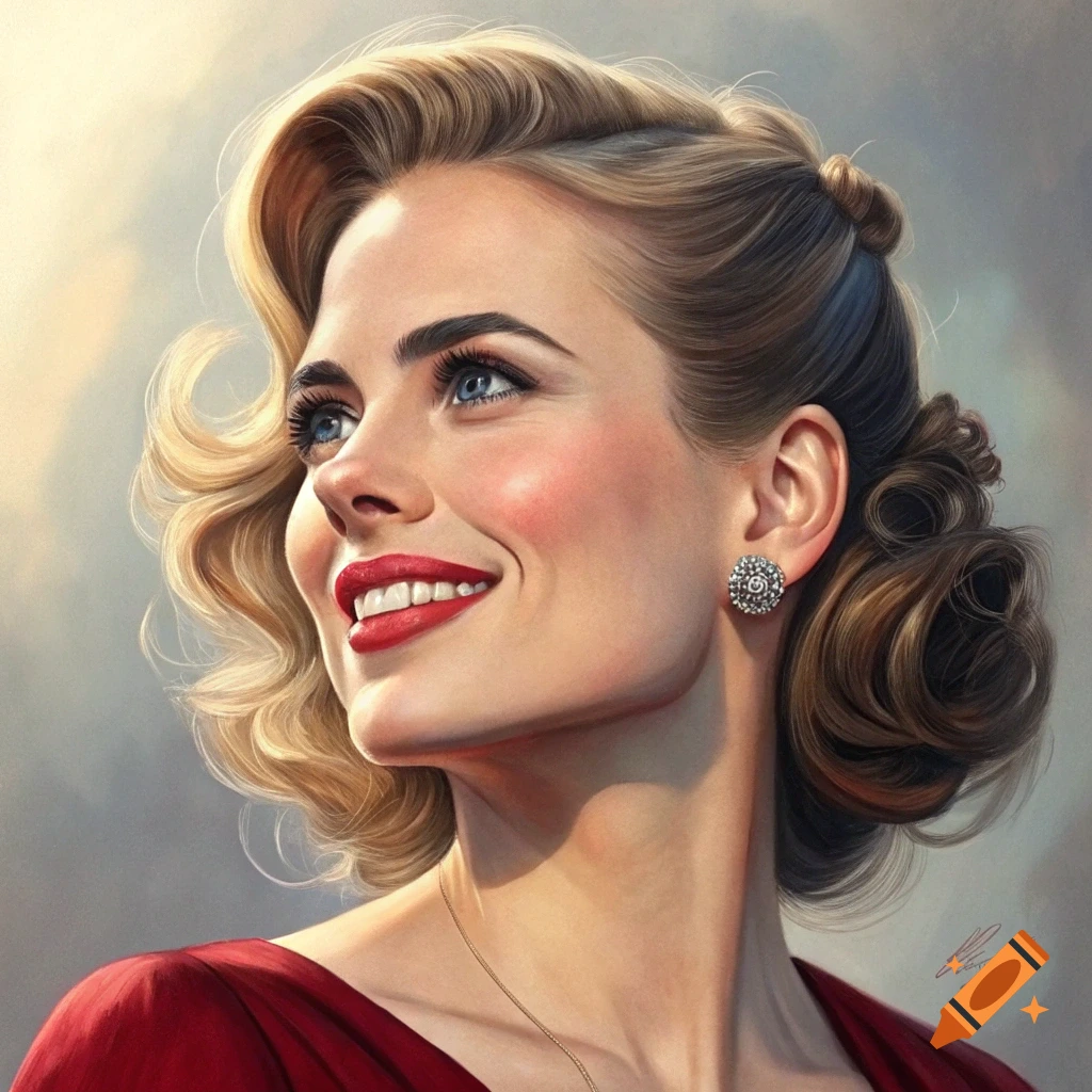 A smiling woman with blonde vintage-style hair and blue eyes, wearing a red dress, looks up to the side.