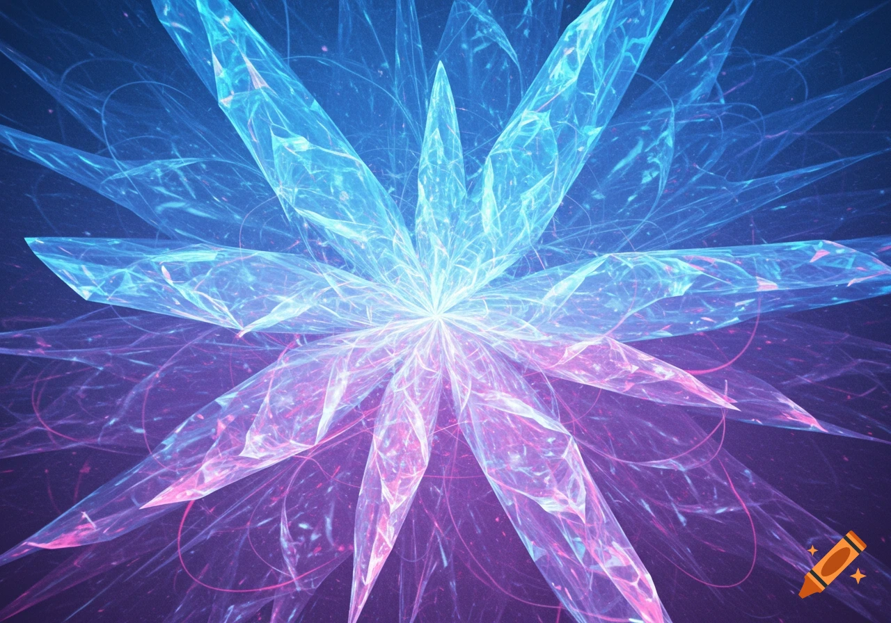 An abstract fractal image featuring sharp, crystalline shapes with glowing blue and purple light.