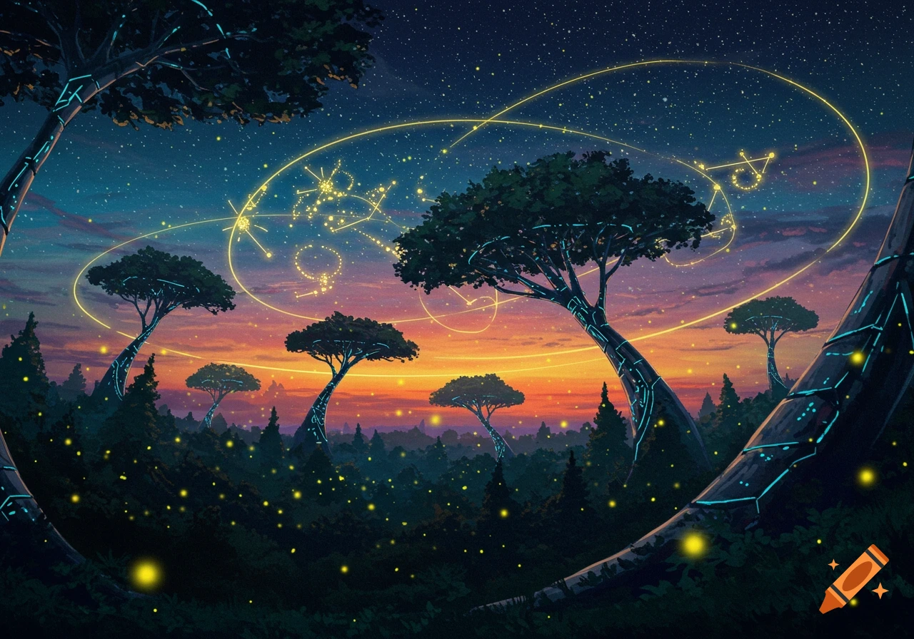 A surreal night forest scene with glowing trees and fireflies forming constellations in the starry sky.