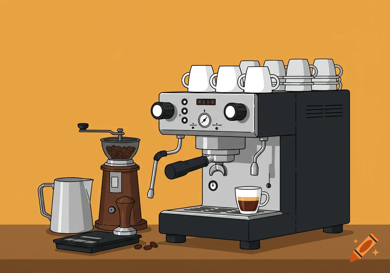 Illustrated coffee machine setup with a grinder, tamper, milk jug, and cups on an orange background.