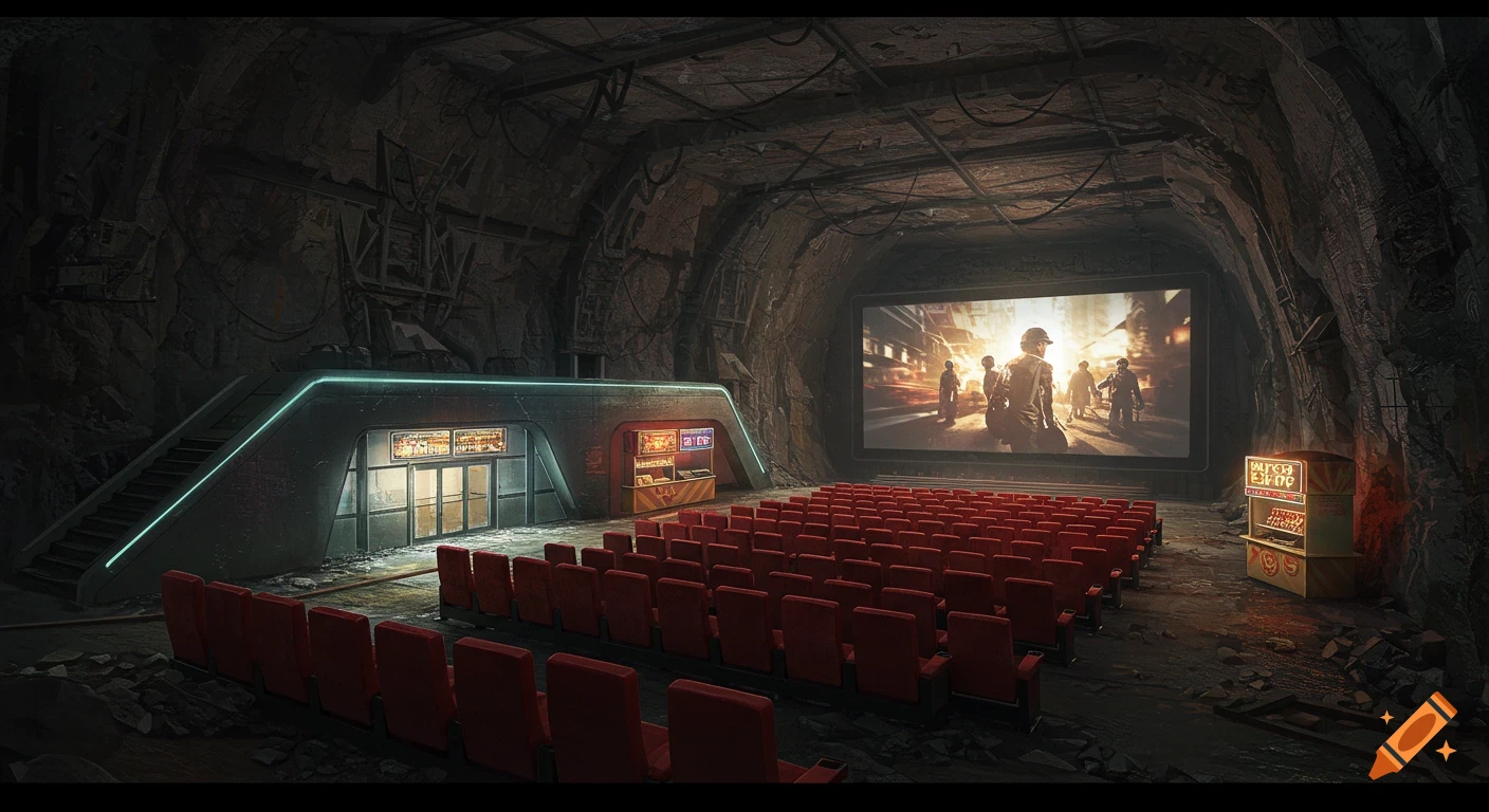 A rundown movie theater built inside a dark, rocky mine, with red seats and a large screen showing a film.