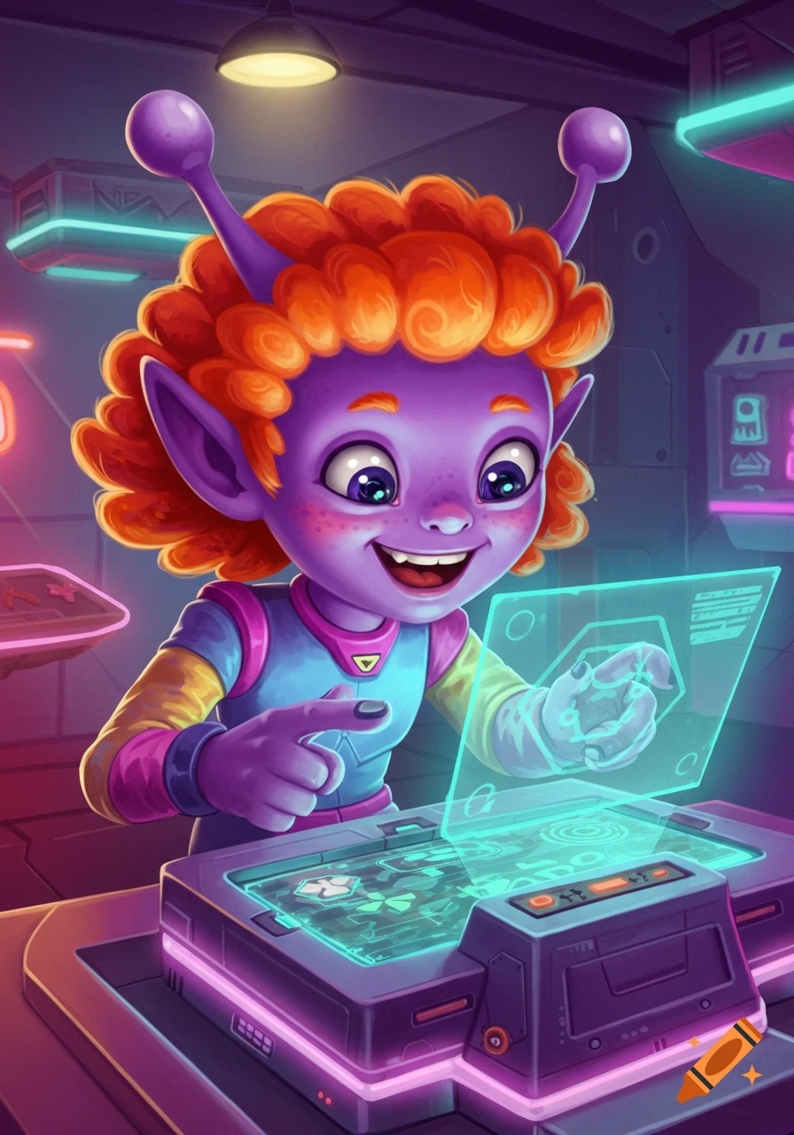 A happy, cartoon purple alien with orange hair smiles while pointing at a holographic screen inside a neon-lit spaceship.