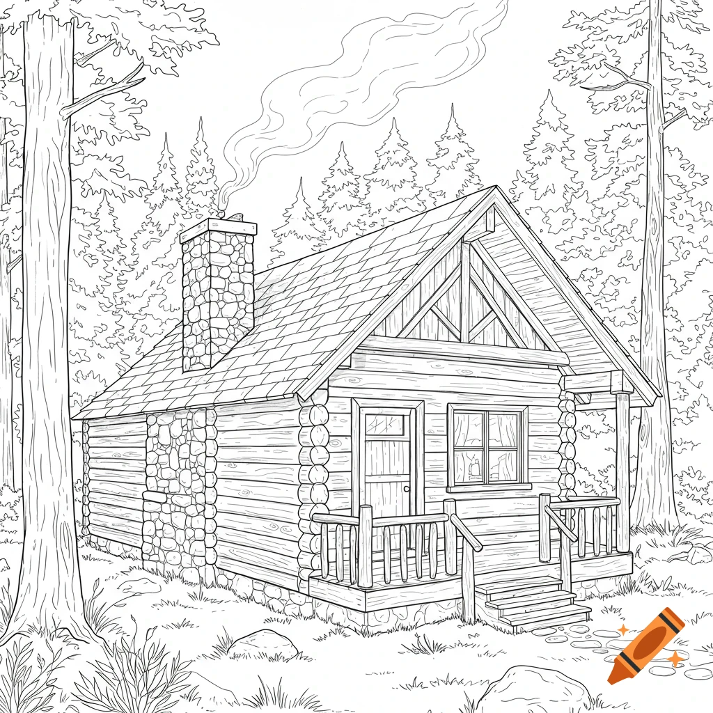 Black and white line art of a rustic log cabin in a forest with smoke from chimney, suitable for coloring.