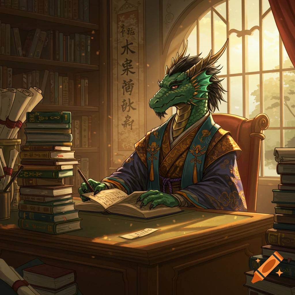 A green dragon-like creature in a traditional robe sits at a desk in a sunlit library, writing in a book. Bookshelves and scrolls fill the background.