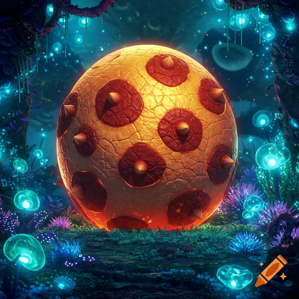 A large, golden, spiky egg, reminiscent of a Bowser egg, glows brightly in a mystical, bioluminescent forest with glowing blue plants.