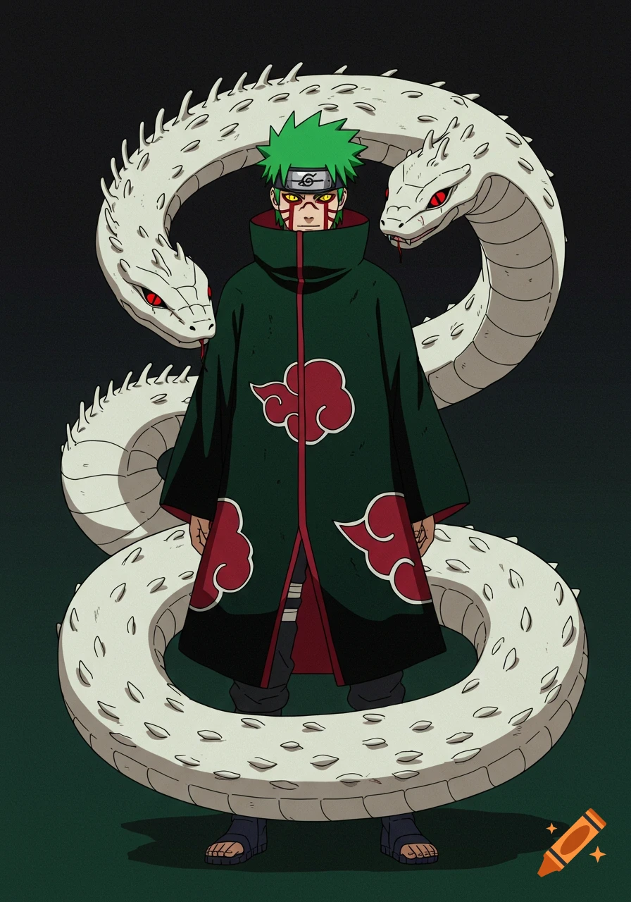 An anime-style character with spiky green hair and yellow snake-like eyes, wearing a dark cloak with red cloud patterns, stands in front of a large white snake coiled around him.