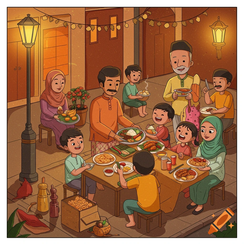 Cartoon illustration of a diverse family sharing an outdoor meal at night, under string lights.