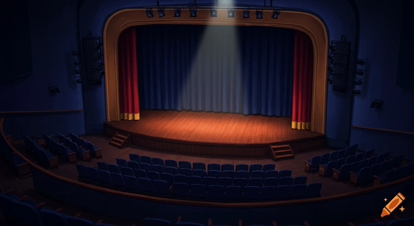 Birds-eye view of an empty theater stage with a spotlight on a wooden floor, blue curtains, and rows of empty blue seats.