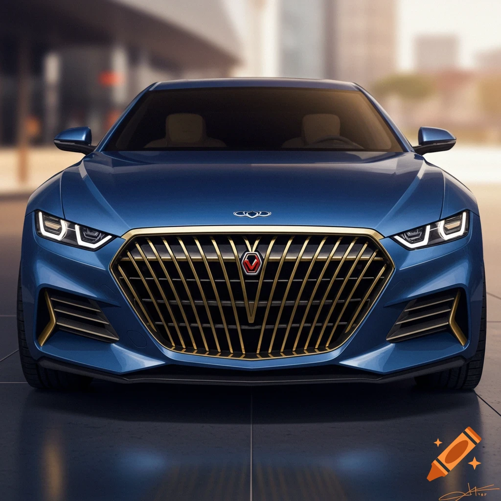 Front view of a blue futuristic luxury car with a large gold grille.