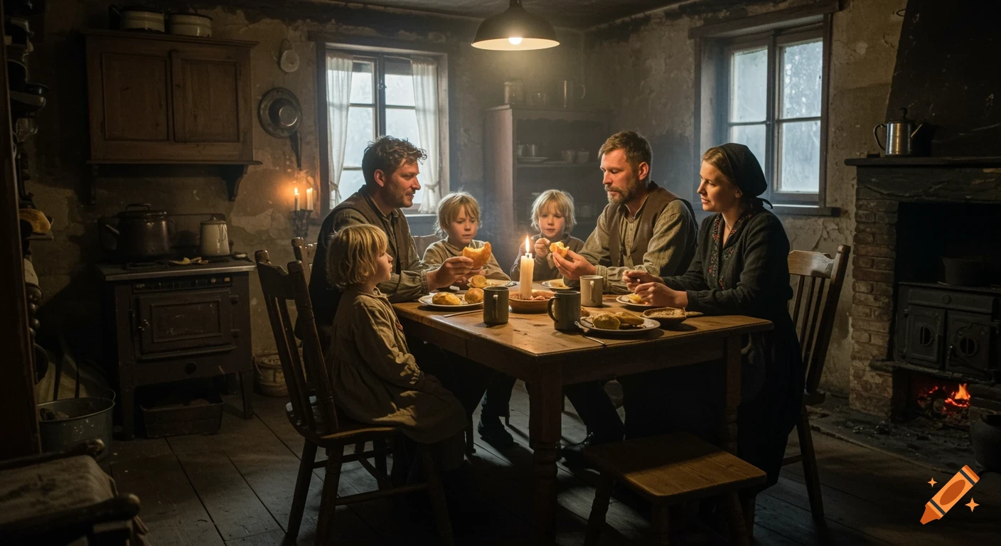 A poor family eats dinner by candlelight in a rustic farmhouse kitchen, captured in a cinematic style.