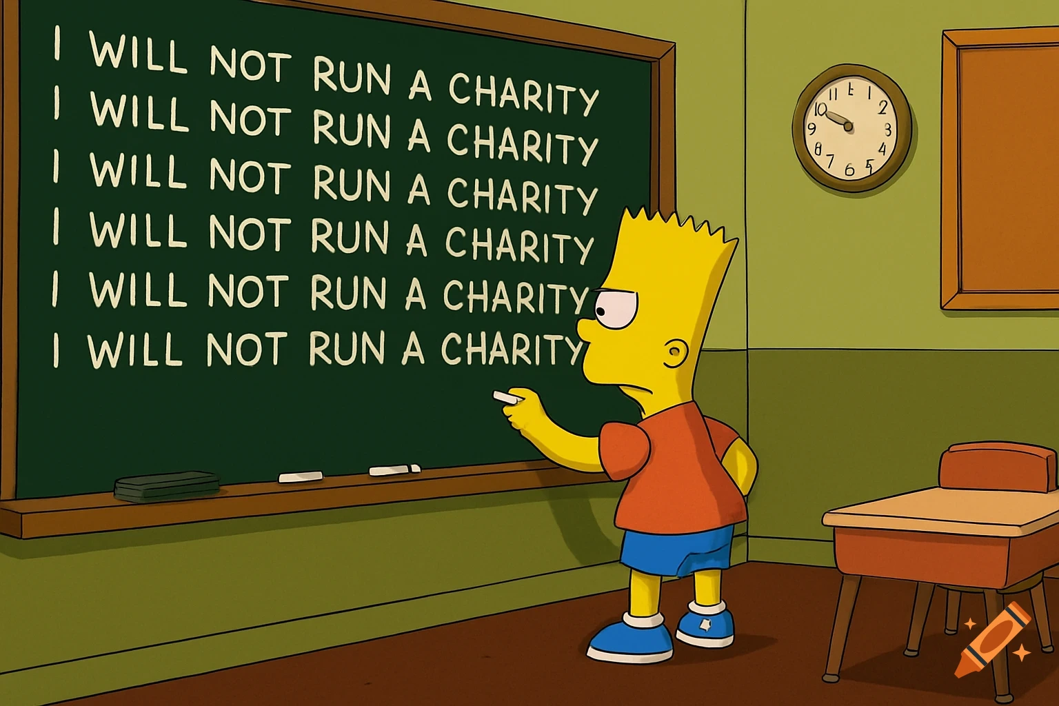 Bart Simpson writes "I WILL NOT RUN A CHARITY" repeatedly on a green chalkboard in a classroom setting.