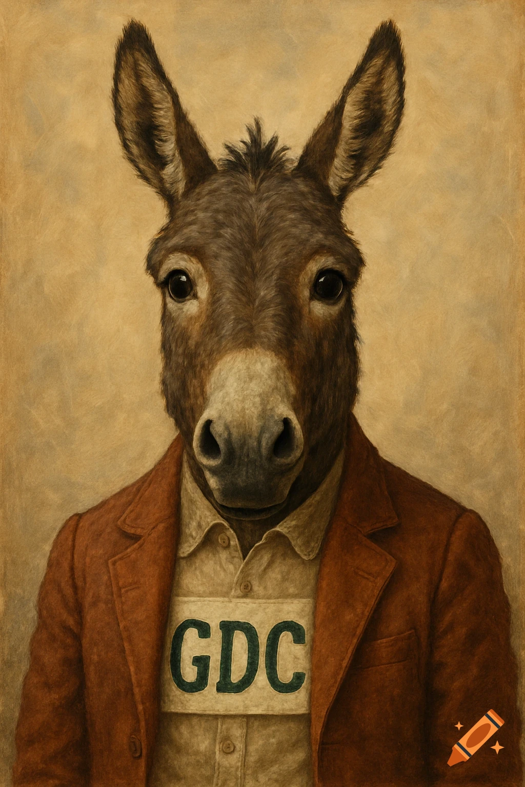 A painted portrait of a brown donkey wearing a rusty red blazer and a tan collared shirt with the letters "GDC" printed across the chest.